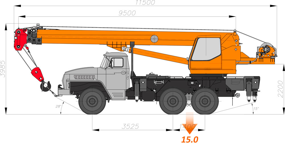 Габаритные размеры Клинцы 25 тонн на базе Урал-5557 (6х6)